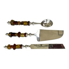 Wedding Cake Server Set & Ice Cream Scoop w/Amber Glass Beaded Handles India EUC