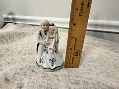 Vintage Porcelain Bride and Groom Figurine Cake Topper Blue White Gold Accent