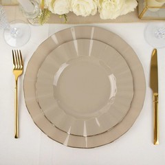 10 TAUPE 9″ Round PLASTIC Salad Dinner PLATES Gold Wavy Rim Wedding Party