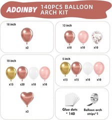 Rose Gold Balloons Arch Kit, 140Pcs 18 12 10 5inch, and Pink White