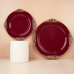 10 BURGUNDY GOLD 8″ Round Plastic Salad Dinner PLATES Embossed Baroque Rim Party