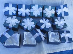 48 Blue Quality Satin Lined Gift Jewelry Boxes With White Ribbons 2″x2″x1 1/2″