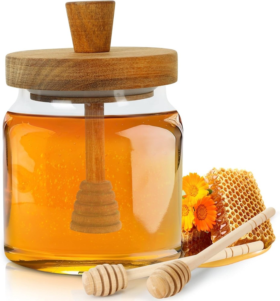 Loscarol Honey Pot with Dipper and Lid – 18oz Glass Jar Transparent