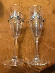 Vintage Bride and Groom champagne glasses with gold trim