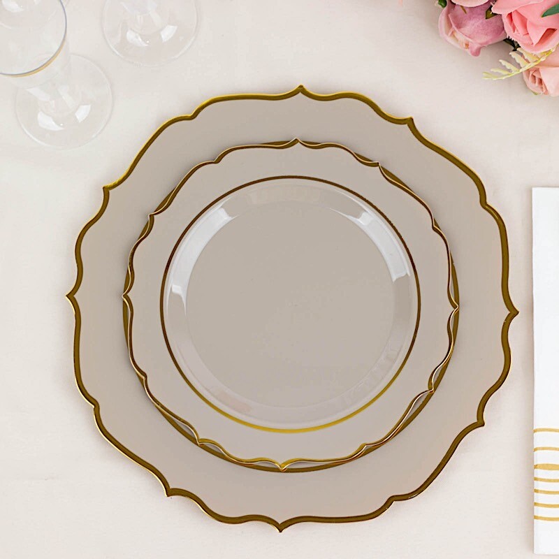 10 TAUPE 10.5″ Round Plastic Dinner Plates GOLD Scalloped Rim Events Wedding