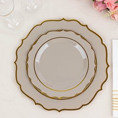 10 TAUPE 10.5″ Round Plastic Dinner Plates GOLD Scalloped Rim Events Wedding