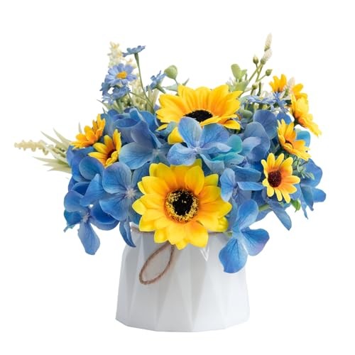 Small Fake Flowers in Plastic Vase 7″ Centerpieces Coffee Sunflowers & Blue