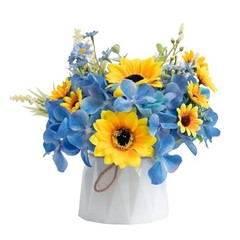 Small Fake Flowers in Plastic Vase 7″ Centerpieces Coffee Sunflowers & Blue