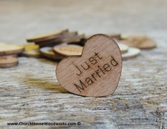 100 qty 1″ JUST MARRIED Wood Hearts Table Confetti Wooden Wedding Decor