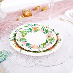 25 White 7″ Round Paper Plates with Flower Wreath Design Disposable Tableware