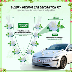 15 Pcs Luxury Wedding Car Decoration Kit – White Rose Bouquet with Tulle Ribbon