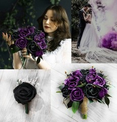 Black Purple Moody Bridal Bouquet Sola Wood Wedding Flower Artificial Bridesmaid