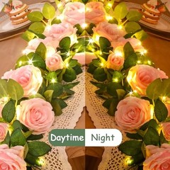 2 Pcs Flower Garland with 19.6 Ft Lights, 13.2 Ft Pink 2 Pack Pink With Lights