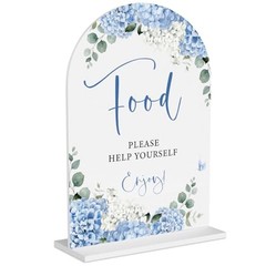 Blue Hydrangea Acrylic Wedding Sign, Bridal Shower Table Decorations, Food