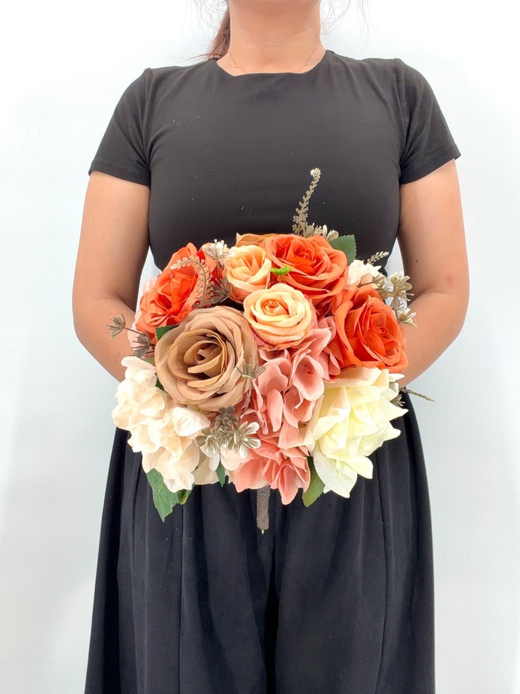 Coral & Peach Rose Bridal Bouquet, Silk Wedding Flowers, Burnt Orange, Wedding