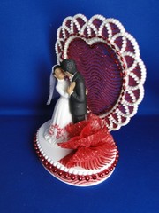 New Medium Dark skin Bride & Groom Wedding Cake Top, red decor & heart, #329