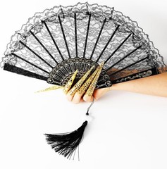 2Pcs Lace Folding Fan Handheld Bamboo Hand Fans with White Lotus black, white