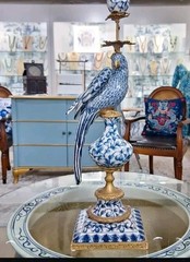 Antique Style Parrot Porcelain & Bronze Candlesticks-Candle Holders Pair-19»H
