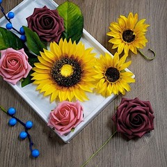 Yellow Burgundy Silk Sunflowers Foam Roses Artificial Flowers Box Party Supplies