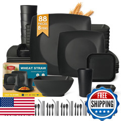 Teivio 88-piece With Flatware Plastic Kitchen Wheat Straw Square Dinnerware Set