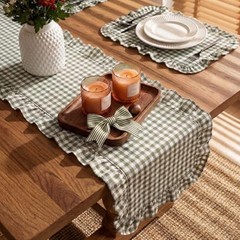 Tegeme Gingham Table Runner 12»x71» Cotton Ruffle Checkered Olive Green Plaid