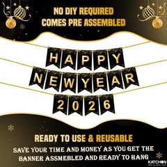 KatchOn, Happy New Year Banner – Large 10 Feet, Pre-Strung | New Year Sign fo…