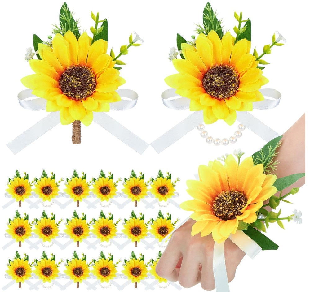 20 Pcs Sunflower Wrist Corsage and Boutonniere Set