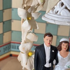Vtg 1950s Bride Groom Wedding Cake Topper w Signed Bell, Sugar & Composition