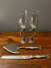 Fellowship Foundry Celtic Knots Hearts Pewter Glasses & Cake Server Wedding Set