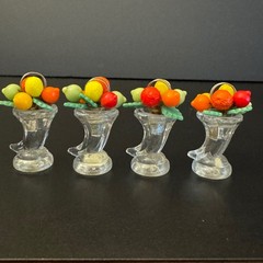 Set Of 4 Vintage Czech Glass Place Card Holder With Fruit Design Topper