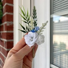 Lot Of 6 Light Blue/White Mini Boutonnieres For Men/Grooms Artificial Flowers