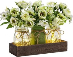 Charming 3-Pc Mason Jar Table Decor Set with Eco-friendly Wood Tray & LED Lights