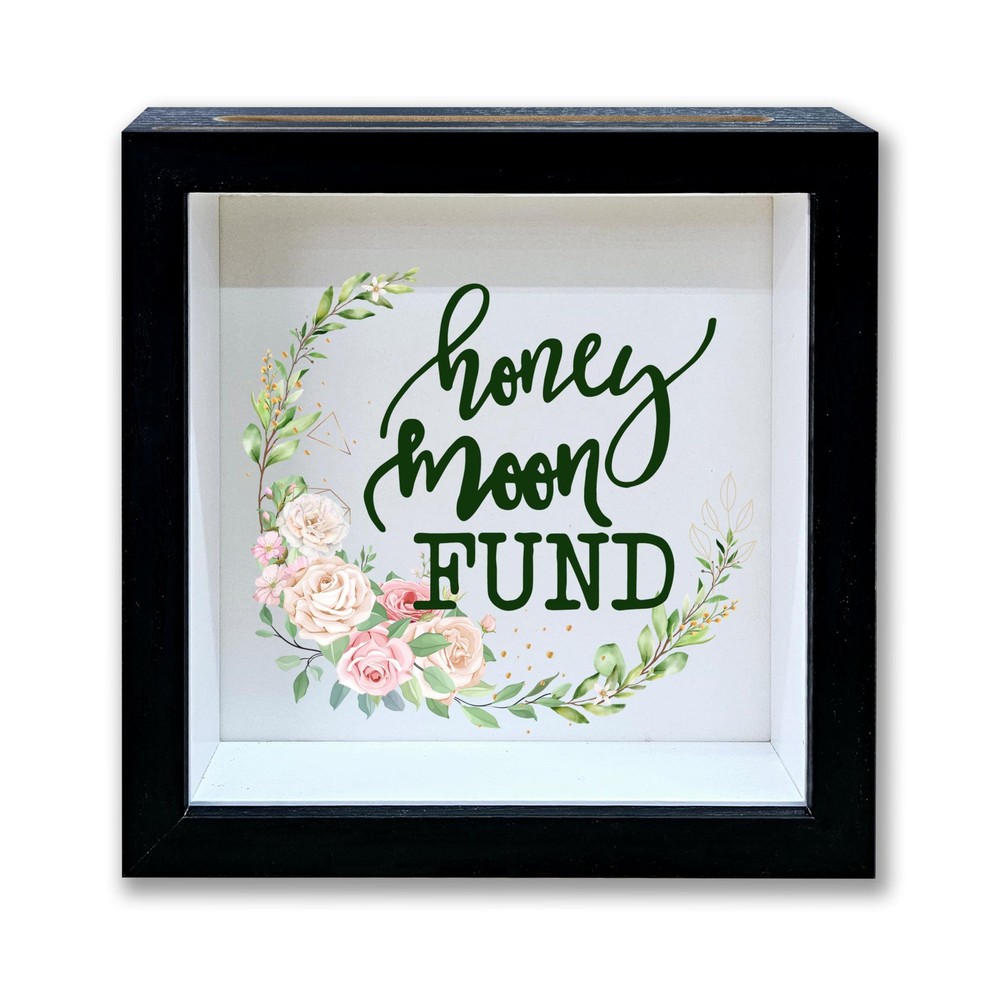 Honeymoon Fund Shadow Box Frame, Wedding Money with Slot, Greenery Black