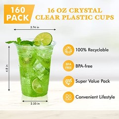 160 Pack 16 OZ PET Clear Plastic Cups with Lids, 16 OZ Crystal 16 OZ Clear