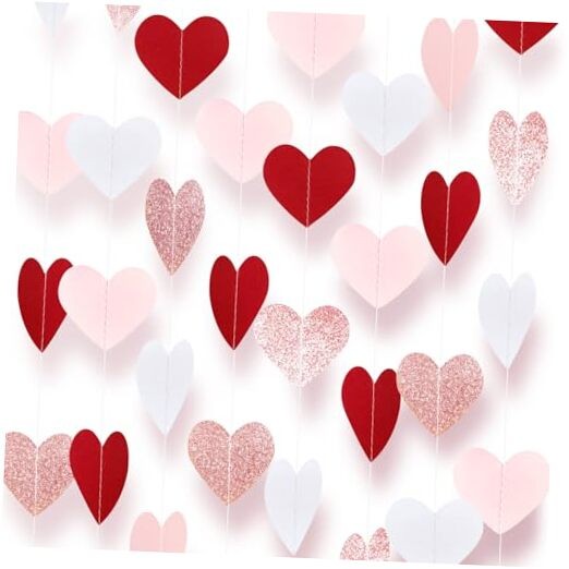 52 Feet Heart Streamers Paper Garlands Rose-Gold Pink Burgundy-Red White