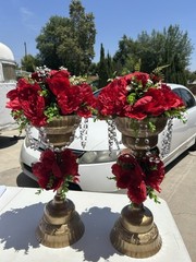 Gold Wedding Centerpieces with Red Flowers, Crystal Accents, Traditional Style