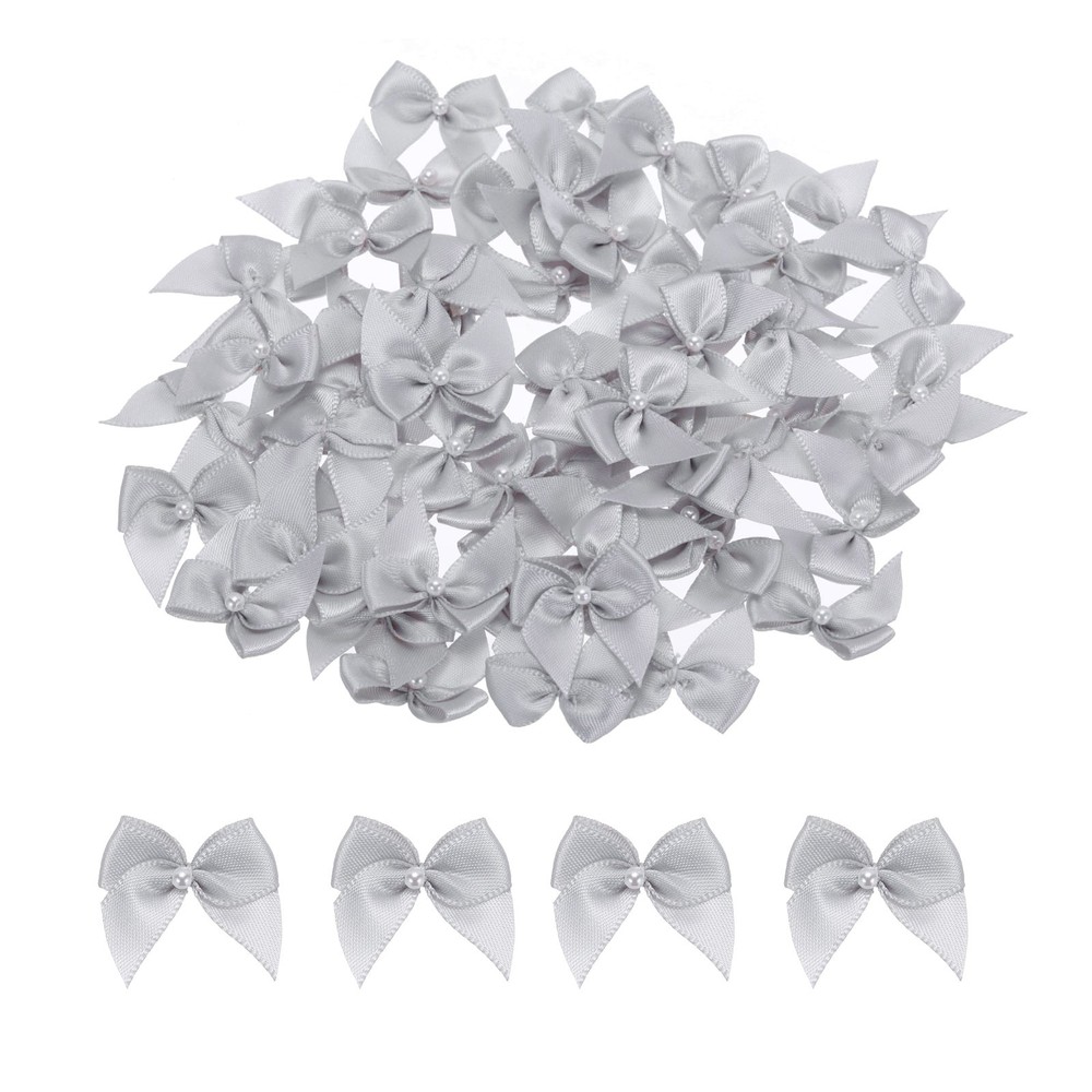 60Pcs Mini Light Grey Ribbon Bow with Pearl 1″ Ribbon Flowers Applique