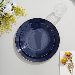 NAVY BLUE 10 Glossy 8″ Round Plastic Salad PLATES Gold Rim Party Events