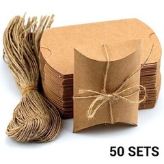 50Pcs Small Kraft Paper Pillow Gift Boxes w/ Twine for Jewelry Candy Party Favor