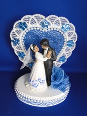 New Medium Dark skin Bride & Groom Wedding CakeTop, blue decor & heart, #336