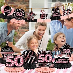 Happy 50th Birthday Rose Gold and Black Table Honeycomb Centerpieces Balloons…