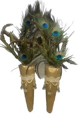 Handmade Peacock Feather Bouquet Cone Pair 24″Gold/Multicolor Tassels Jewels