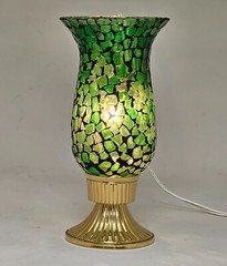 Candle Holder Brass with Green Mosaic Glass Shade 5″Dia 10″High Set of 2