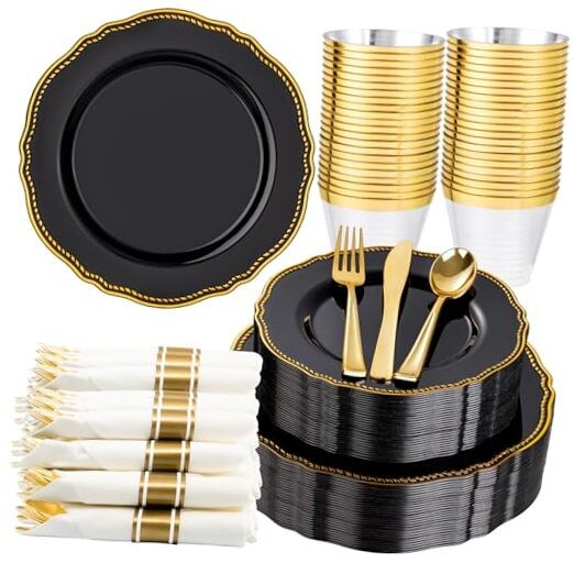 175pcs Black and gold Plastic Plates – Black and Gold 175 Pieces (25 Guests)