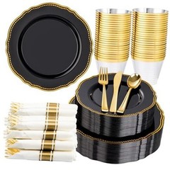 175pcs Black and gold Plastic Plates – Black and Gold 175 Pieces (25 Guests)
