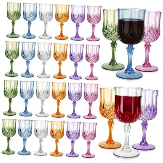 24 Pcs Plastic Vintage Wine Glasses, 7 Oz Plastic Colored Water Goblets for