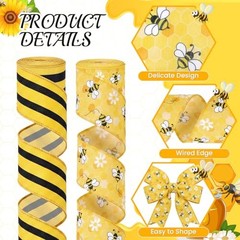 2 Rolls 10 Yards Bee Wired Edge Ribbon 2.5 Inch Bumble Bee Honeycomb Daisy