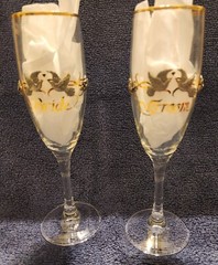 Rawcliffe Bride & Groom Champagne Flutes Pewter Doves Flowers Ribbons Gold