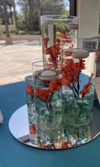 16 sets of 4 Clear Glass Candle Holder Cylinder Vases + Flowers + Glass Stones.
