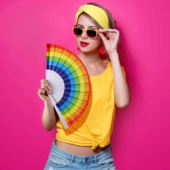 TKMOS 12 Pack Rainbow Folding Fans Red, Orange, Yellow, Green, Blue, Purple